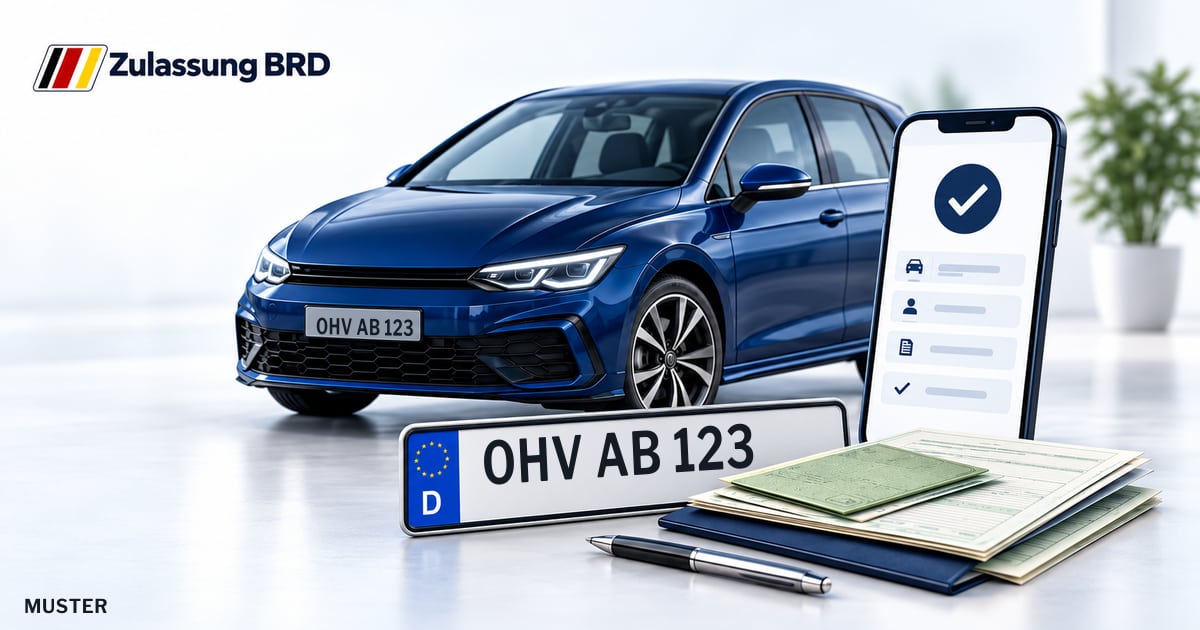 Online Fahrzeugzulassung in Hohen Neuendorf: Musterkennzeichen OHV AB 123, Auto und Fahrzeugpapiere und Smartphone. Illustration mit Logo von Zulassung BRD.